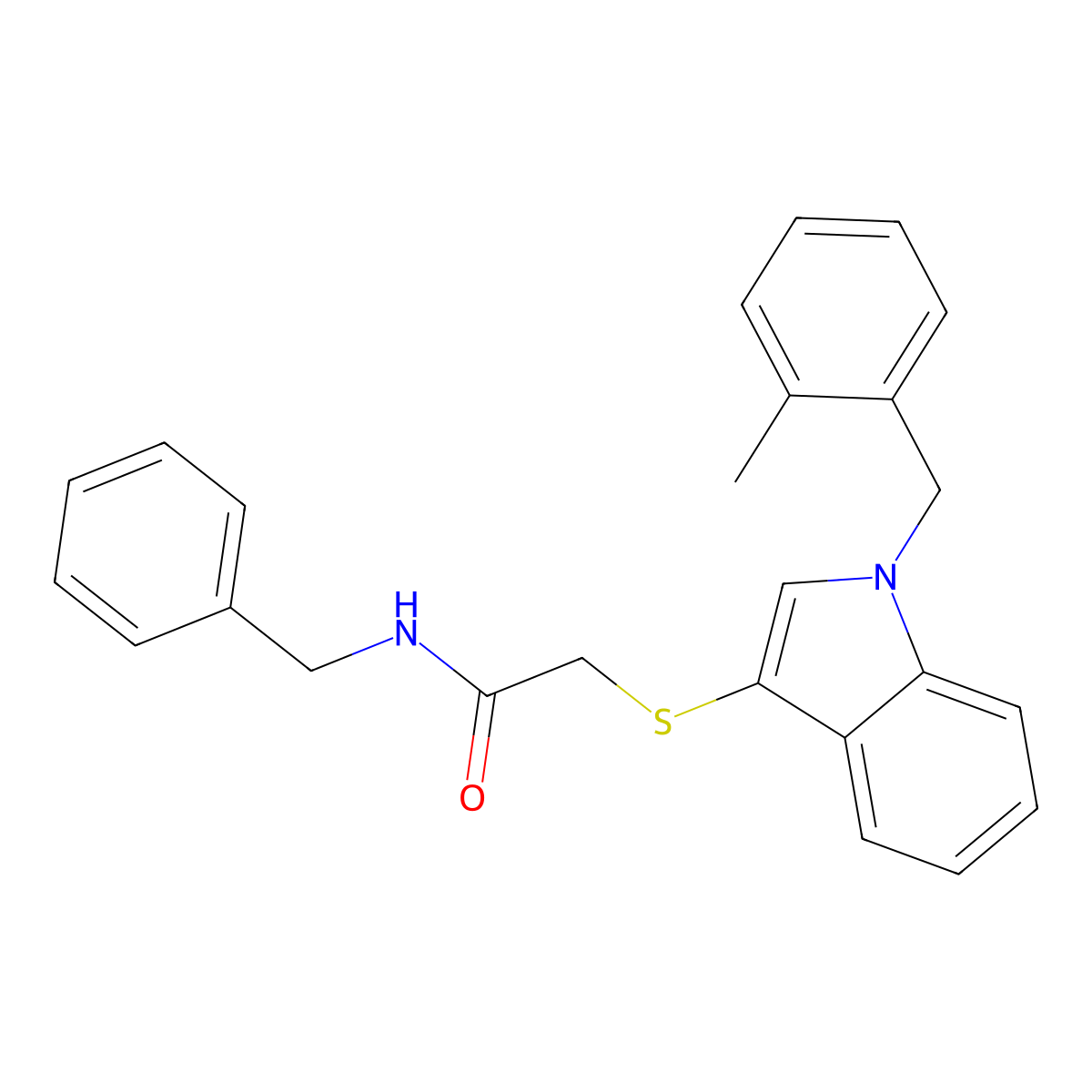 N-benzyl-2-[1-[(2-methylphenyl)methyl]indol-3-yl]sulfanylacetamide molecular structure, CAS 851412-53-8