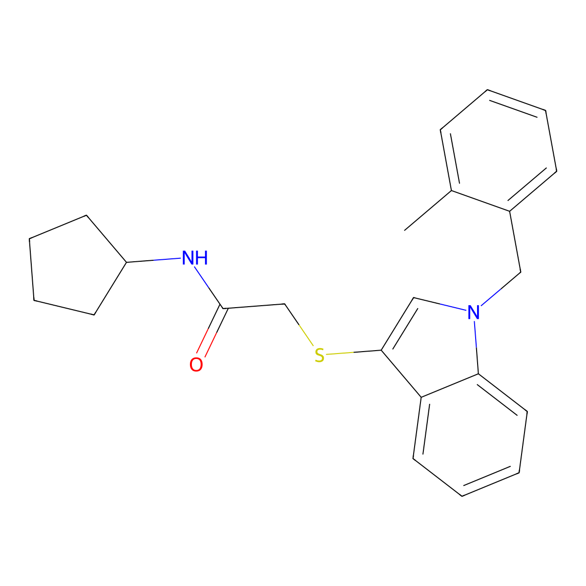 N-cyclopentyl-2-[1-[(2-methylphenyl)methyl]indol-3-yl]sulfanylacetamide molecular structure, CAS 851412-59-4