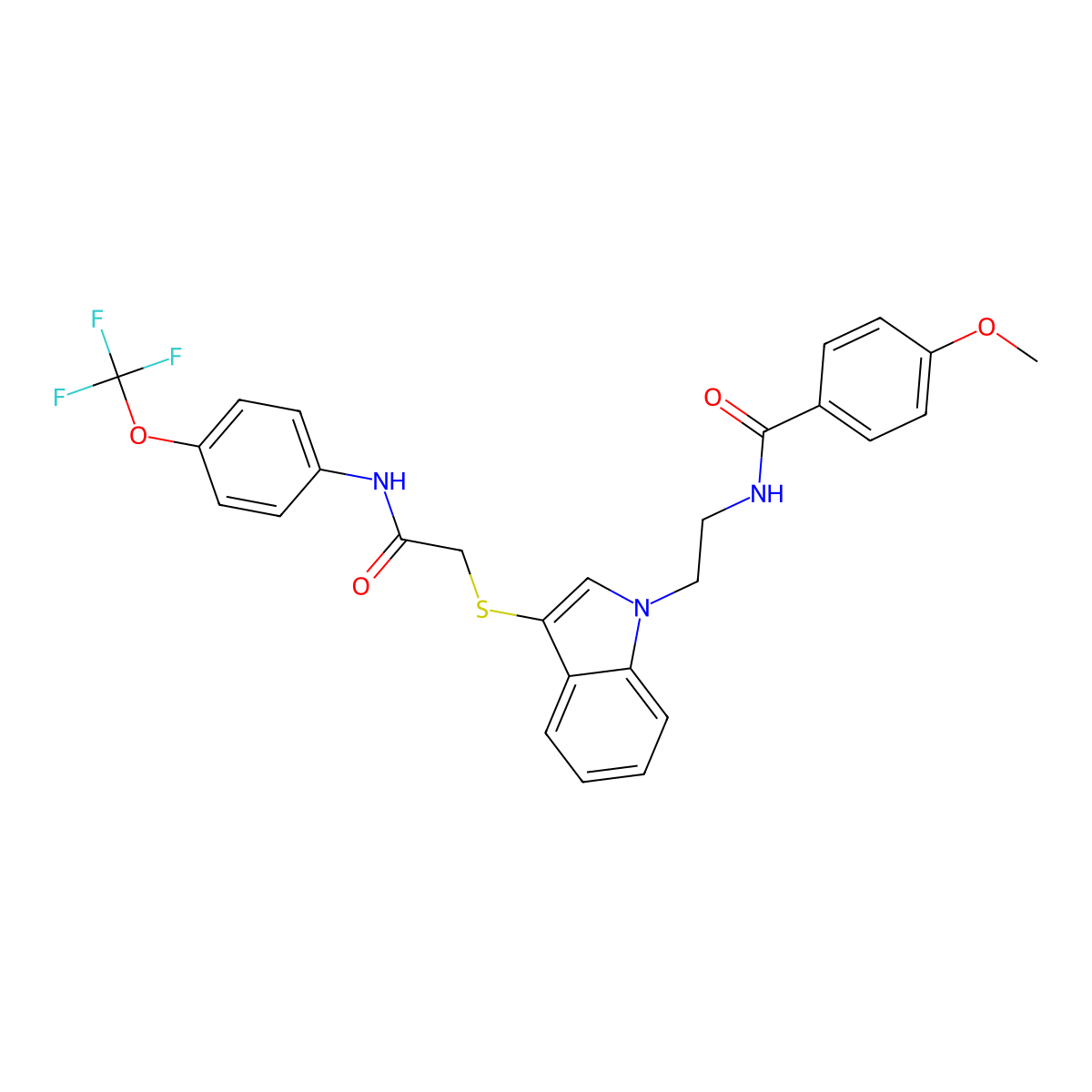 4-methoxy-N-(2-(3-((2-oxo-2-((4-(trifluoromethoxy)phenyl)amino)ethyl)thio)-1H-indol-1-yl)ethyl)benzamide molecular structure, CAS 851412-81-2
