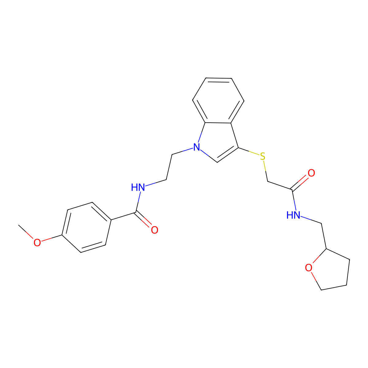 4-methoxy-N-(2-(3-((2-oxo-2-(((tetrahydrofuran-2-yl)methyl)amino)ethyl)thio)-1H-indol-1-yl)ethyl)benzamide molecular structure, CAS 851412-82-3