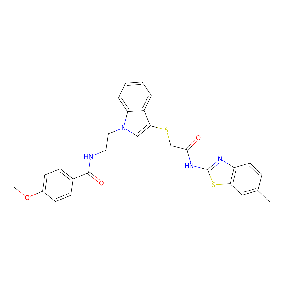 4-methoxy-N-(2-(3-((2-((6-methylbenzo[d]thiazol-2-yl)amino)-2-oxoethyl)thio)-1H-indol-1-yl)ethyl)benzamide molecular structure, CAS 851412-83-4