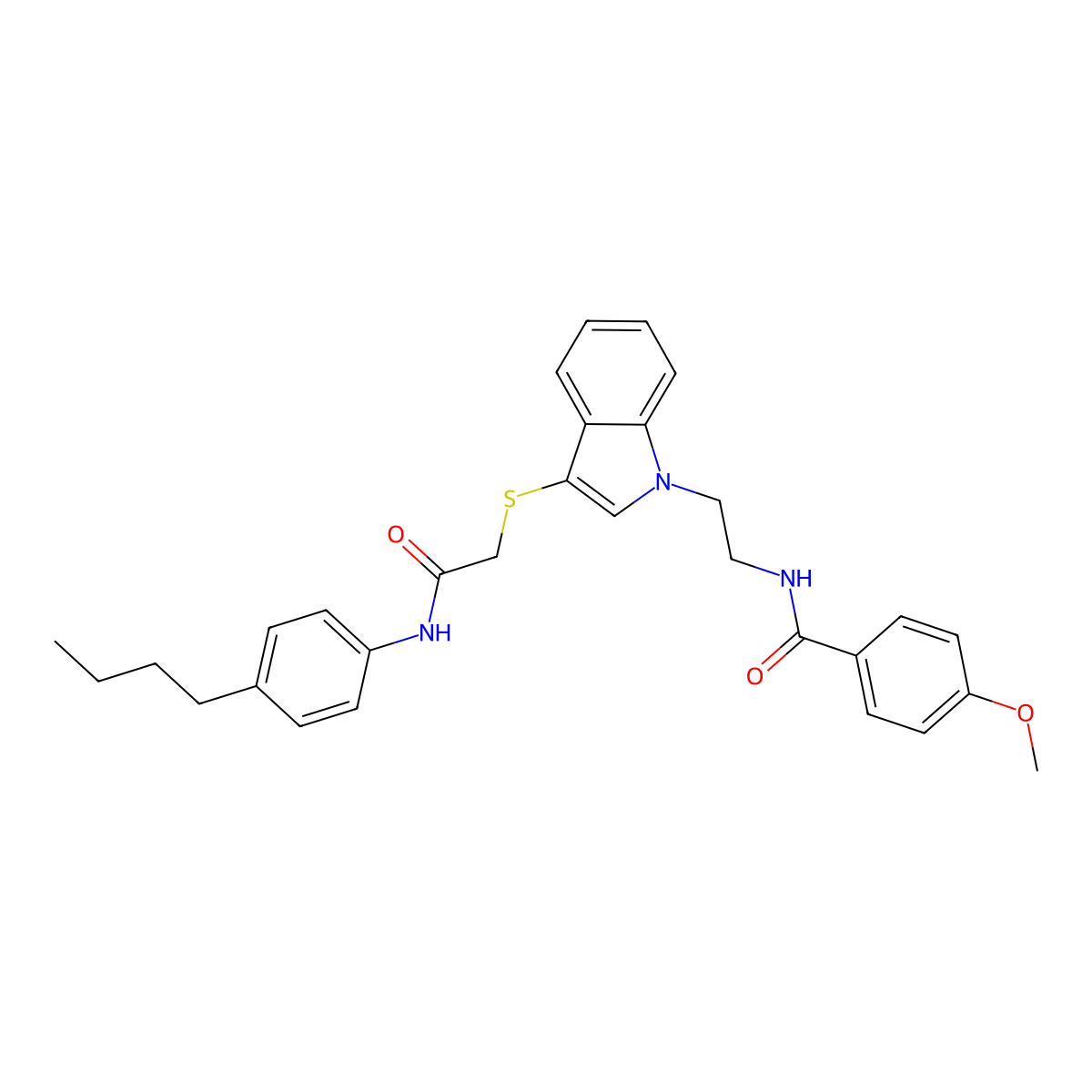 N-[2-[3-[2-(4-butylanilino)-2-oxoethyl]sulfanylindol-1-yl]ethyl]-4-methoxybenzamide molecular structure, CAS 851412-84-5