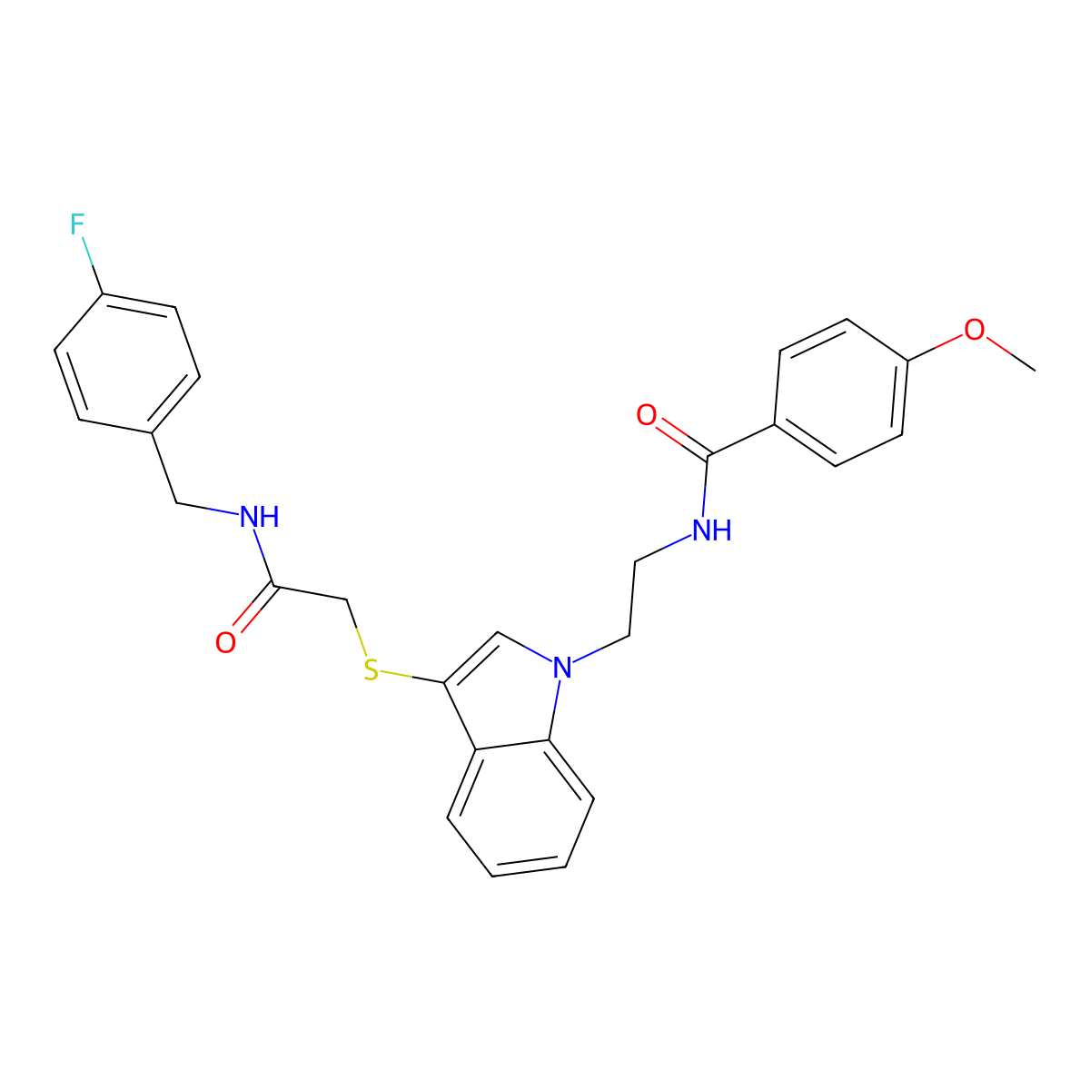 N-[2-[3-[2-[(4-fluorophenyl)methylamino]-2-oxoethyl]sulfanylindol-1-yl]ethyl]-4-methoxybenzamide molecular structure, CAS 851412-87-8