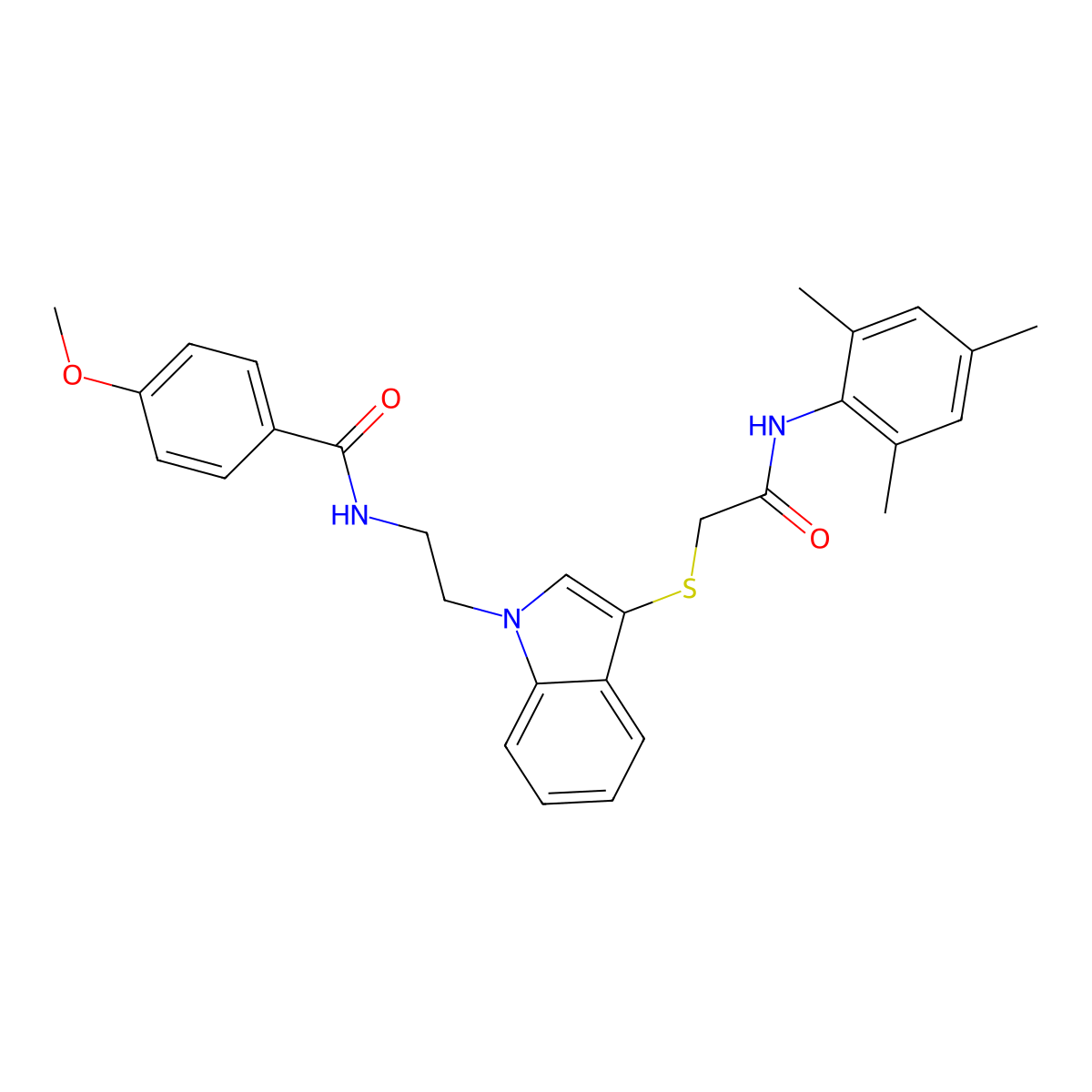 N-(2-(3-((2-(mesitylamino)-2-oxoethyl)thio)-1H-indol-1-yl)ethyl)-4-methoxybenzamide molecular structure, CAS 851412-88-9