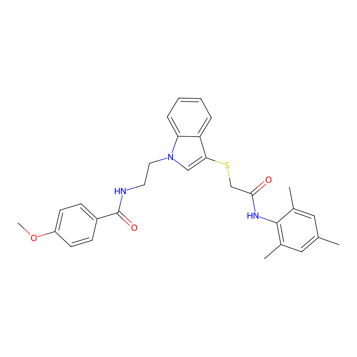 N-(2-(3-((2-(mesitylamino)-2-oxoethyl)thio)-1H-indol-1-yl)ethyl)-4-methoxybenzamide molecular structure, CAS 851412-88-9