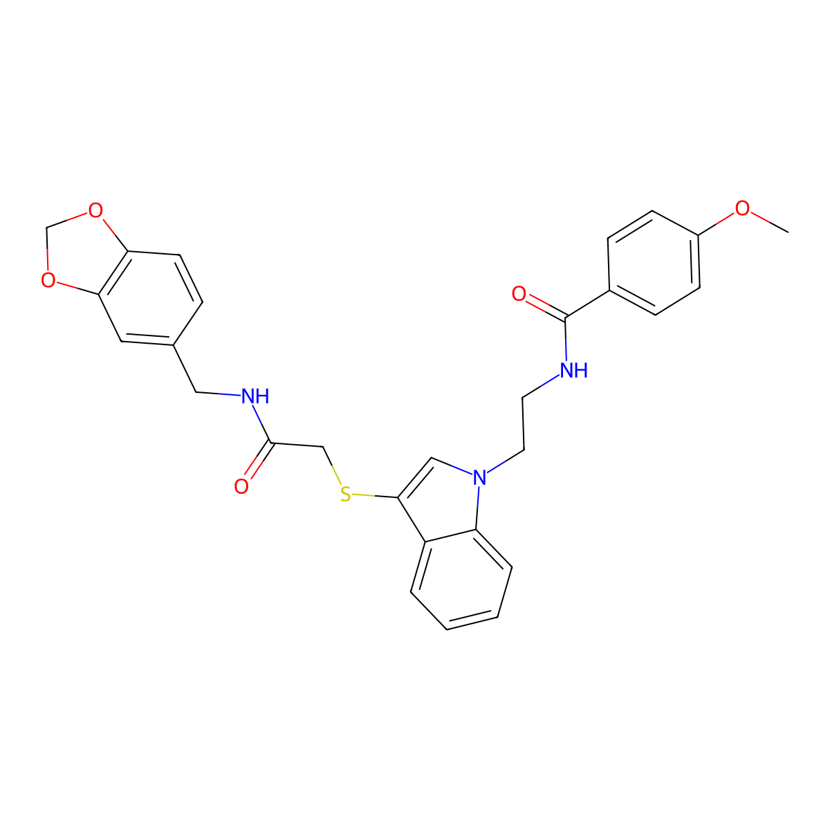 N-(2-(3-((2-((benzo[d][1,3]dioxol-5-ylmethyl)amino)-2-oxoethyl)thio)-1H-indol-1-yl)ethyl)-4-methoxybenzamide molecular structure, CAS 851412-89-0