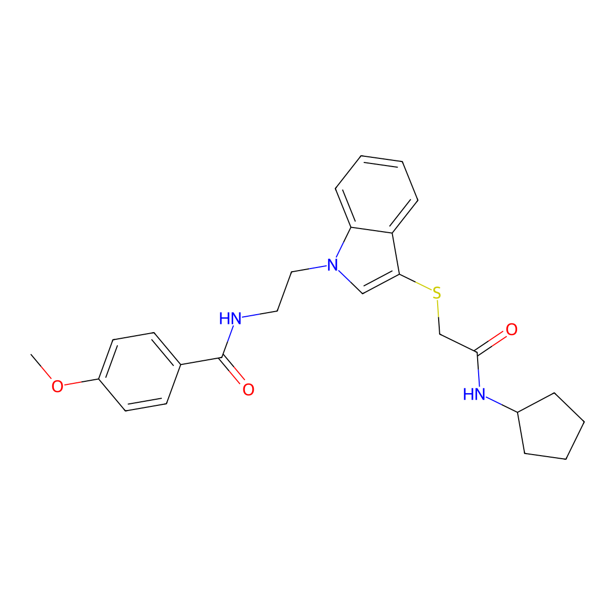 N-(2-(3-((2-(cyclopentylamino)-2-oxoethyl)thio)-1H-indol-1-yl)ethyl)-4-methoxybenzamide molecular structure, CAS 851412-90-3