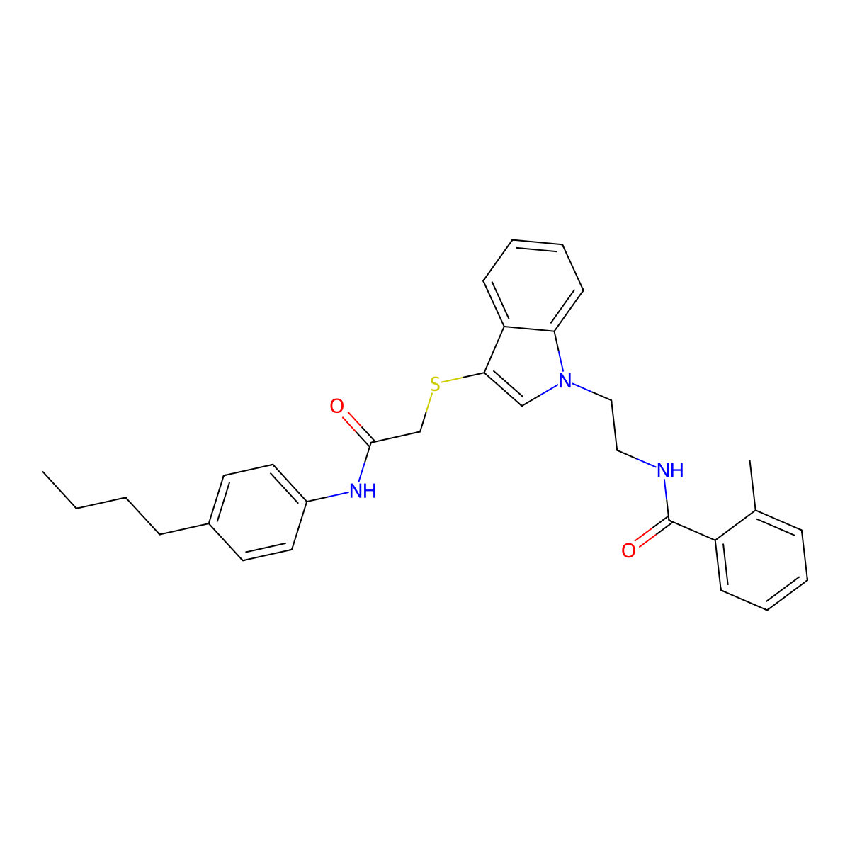 N-(2-(3-((2-((4-butylphenyl)amino)-2-oxoethyl)thio)-1H-indol-1-yl)ethyl)-2-methylbenzamide molecular structure, CAS 851412-92-5