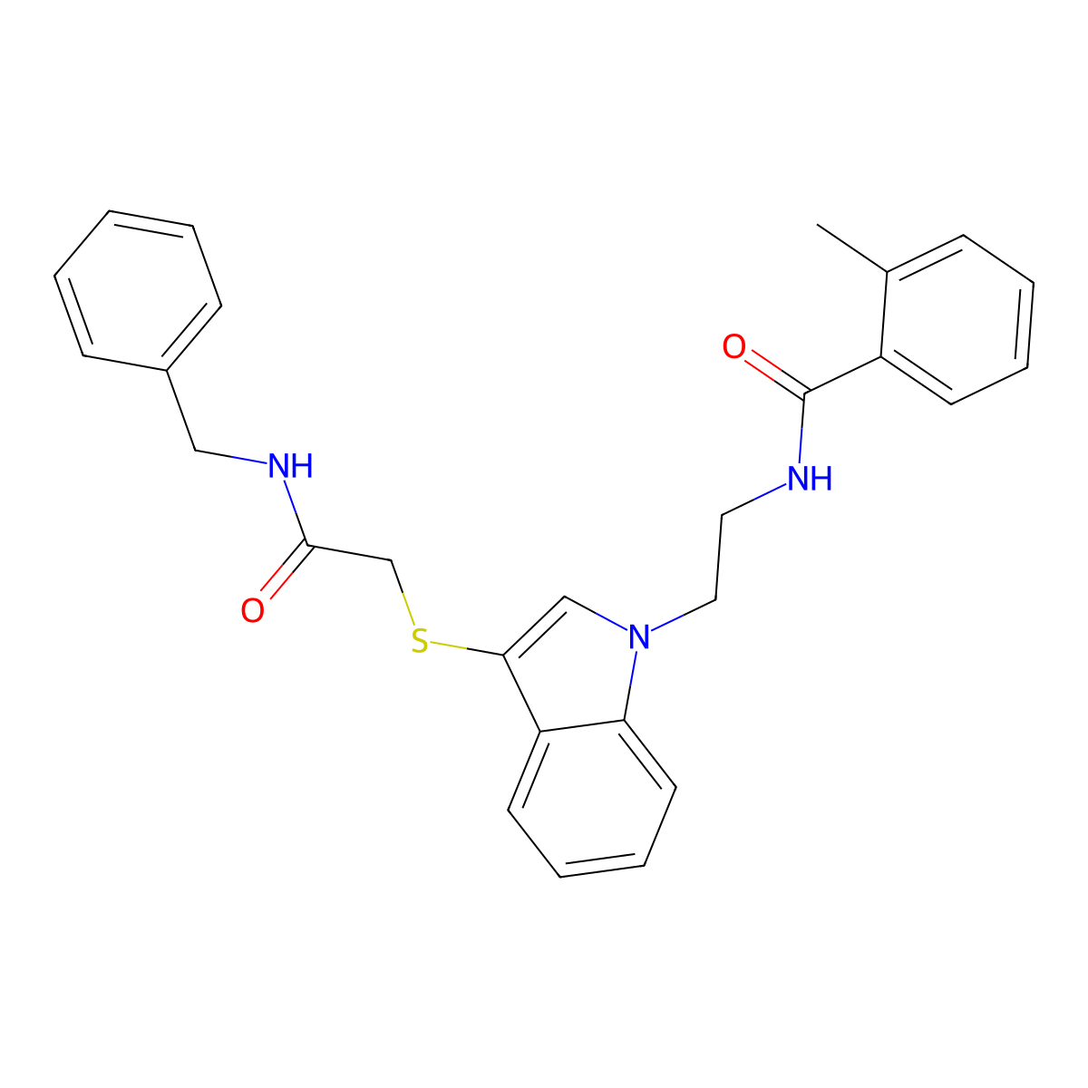 N-[2-[3-[2-(benzylamino)-2-oxoethyl]sulfanylindol-1-yl]ethyl]-2-methylbenzamide molecular structure, CAS 851412-94-7