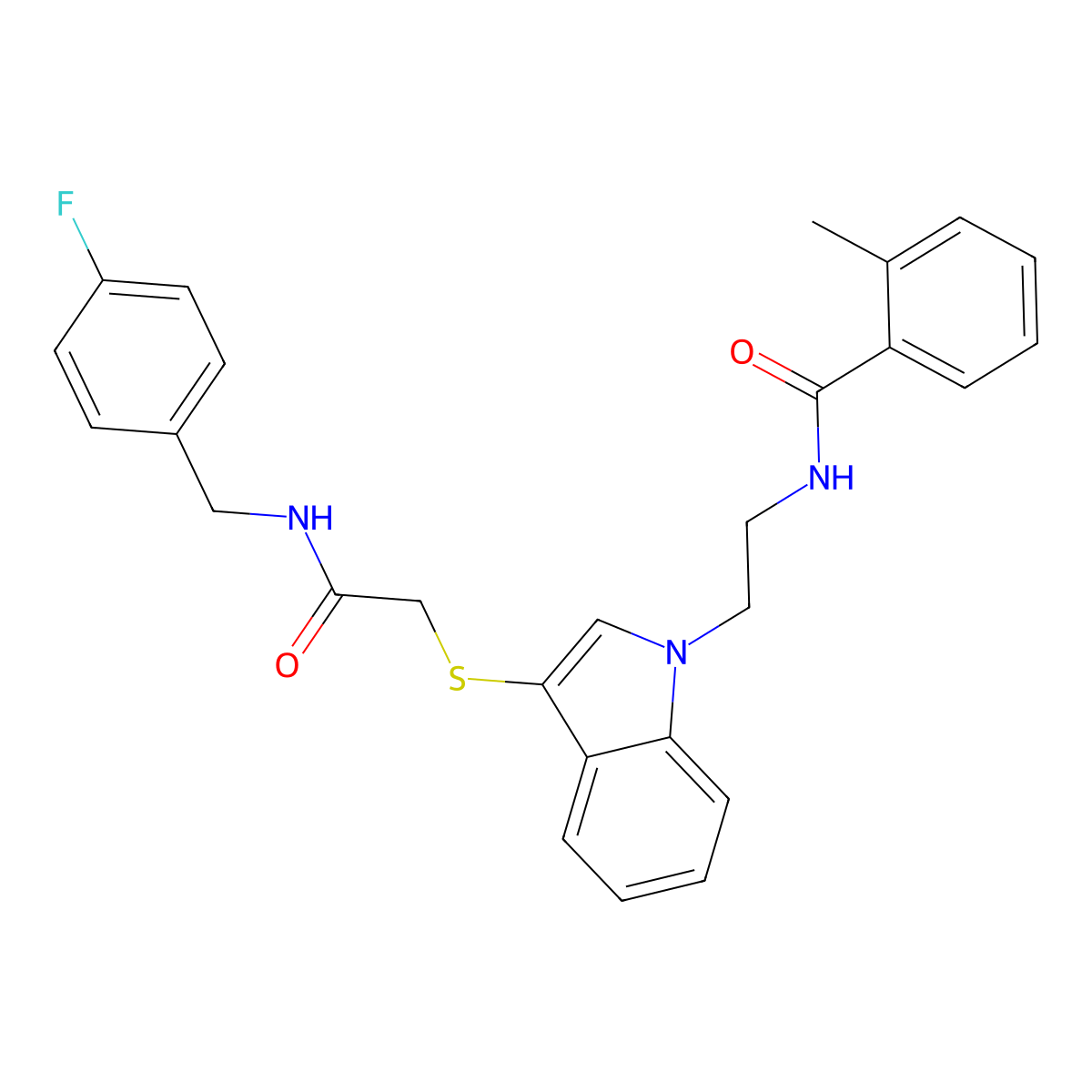 N-(2-(3-((2-((4-fluorobenzyl)amino)-2-oxoethyl)thio)-1H-indol-1-yl)ethyl)-2-methylbenzamide molecular structure, CAS 851412-95-8