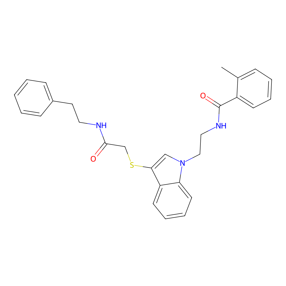 2-methyl-N-(2-(3-((2-oxo-2-(phenethylamino)ethyl)thio)-1H-indol-1-yl)ethyl)benzamide molecular structure, CAS 851412-96-9