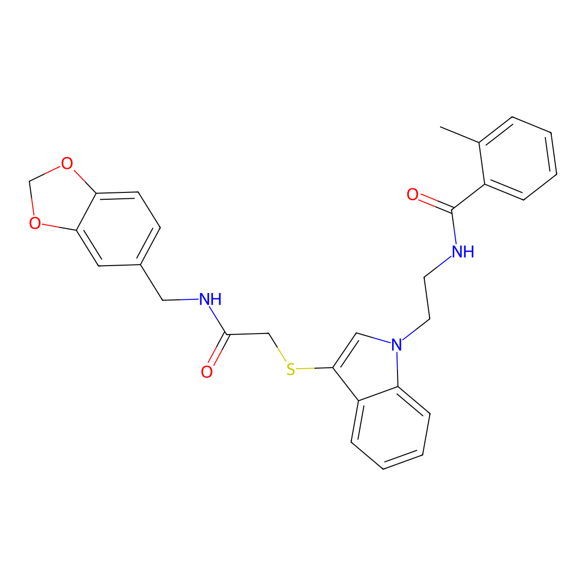 N-(2-(3-((2-((benzo[d][1,3]dioxol-5-ylmethyl)amino)-2-oxoethyl)thio)-1H-indol-1-yl)ethyl)-2-methylbenzamide molecular structure, CAS 851412-97-0