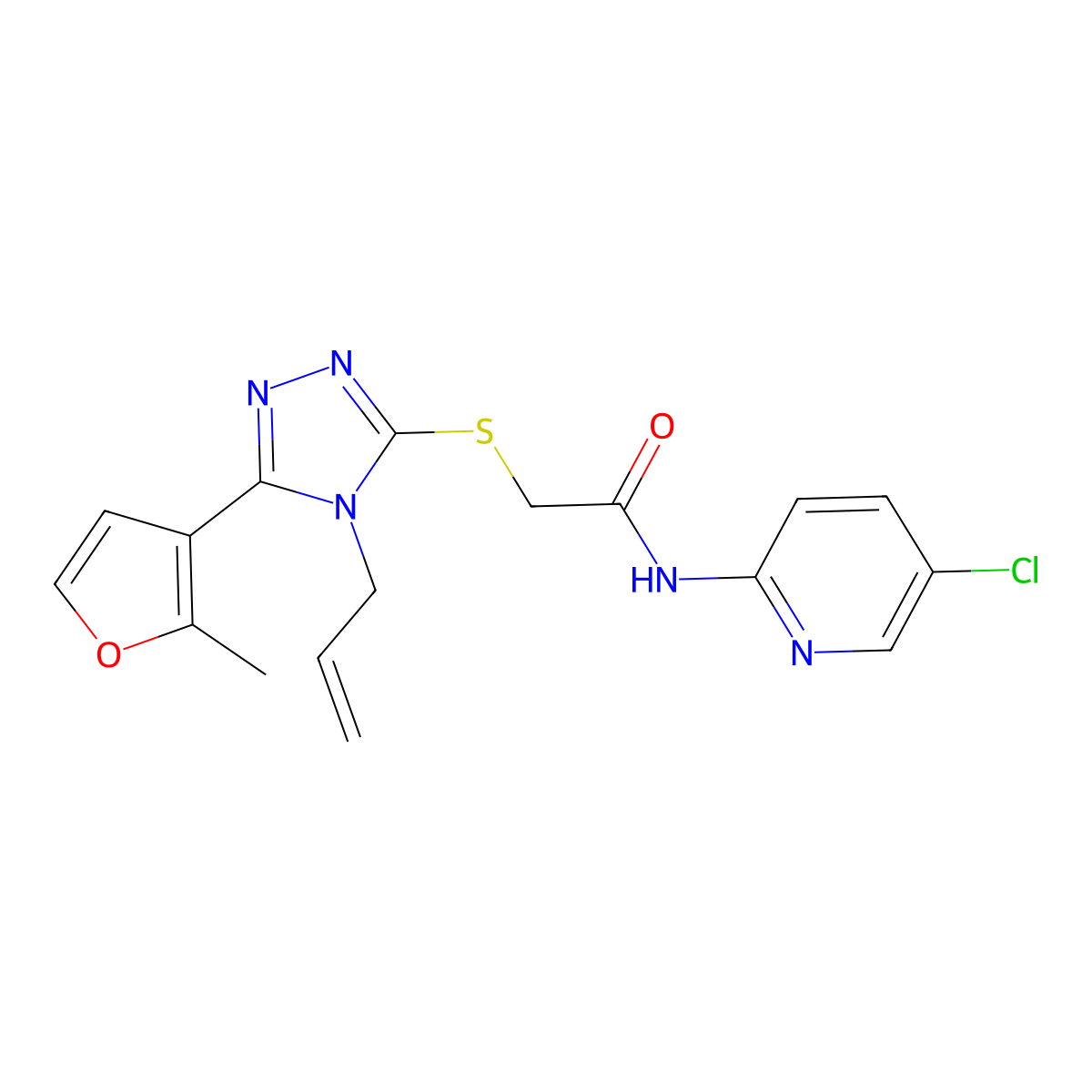 N-(5-chloropyridin-2-yl)-2-[[5-(2-methylfuran-3-yl)-4-prop-2-enyl-1,2,4-triazol-3-yl]sulfanyl]acetamide molecular structure, CAS 851416-10-9