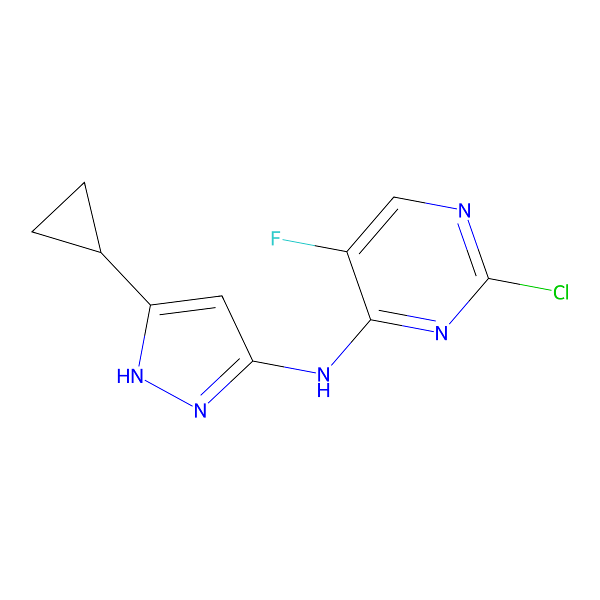 2-chloro-N-(3-cyclopropyl-1H-pyrazol-5-yl)-5-fluoropyrimidin-4-amine molecular structure, CAS 851434-98-5