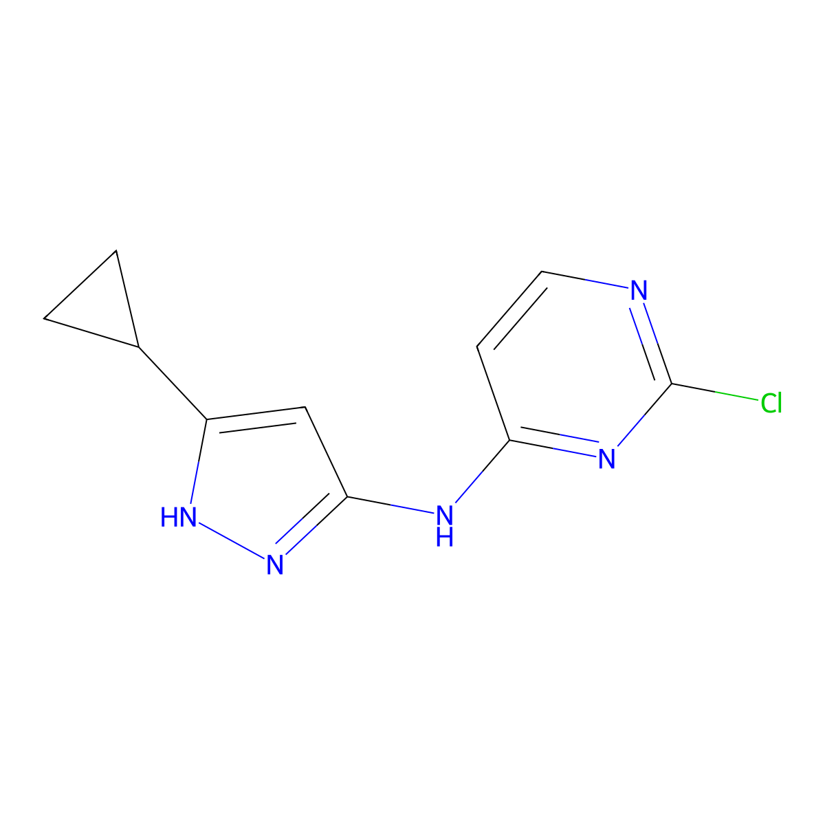 2-chloro-N-(5-cyclopropyl-1H-pyrazol-3-yl)pyrimidin-4-amine molecular structure, CAS 851435-00-2