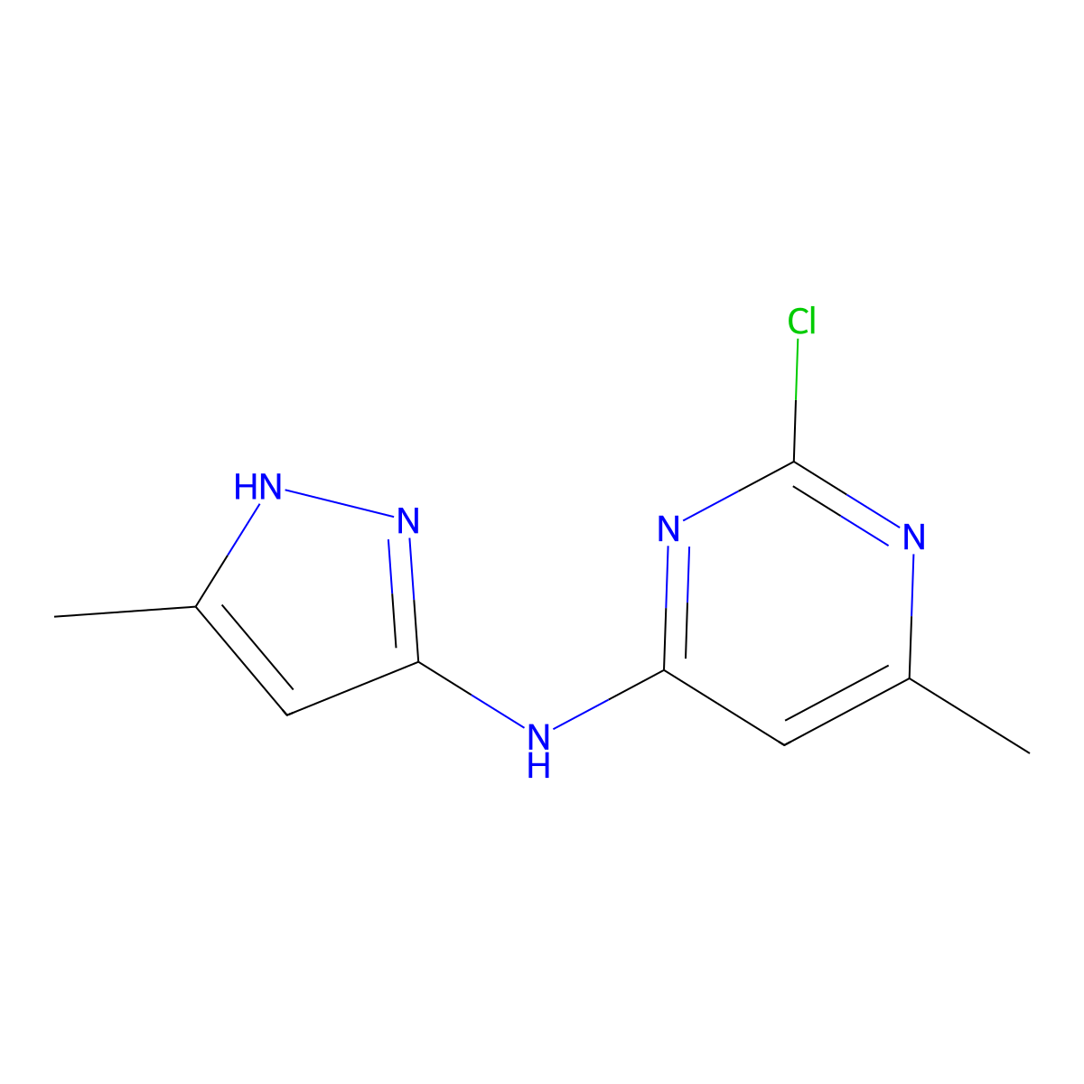 2-chloro-6-methyl-N-(5-methyl-1H-pyrazol-3-yl)-4-pyrimidinamine molecular structure, CAS 851435-28-4