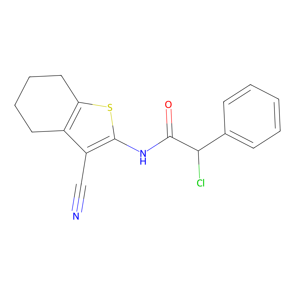 2-Chloro-N-(3-cyano-4,5,6,7-tetrahydro-1-benzothien-2-yl)-2-phenylacetamide molecular structure, CAS 851444-29-6