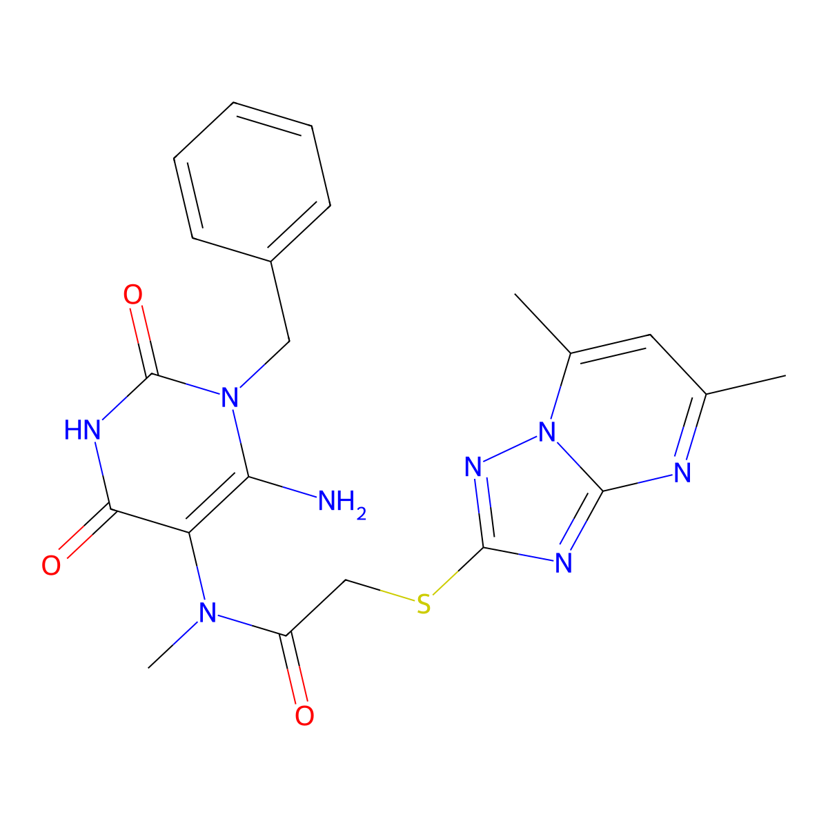 N-(6-amino-1-benzyl-2,4-dioxo-1,2,3,4-tetrahydropyrimidin-5-yl)-2-((5,7-dimethyl-(1,2,4)triazolo(1,5-a)pyrimidin-2-yl)sulfanyl)-N-methylacetamide molecular structure, CAS 851471-44-8