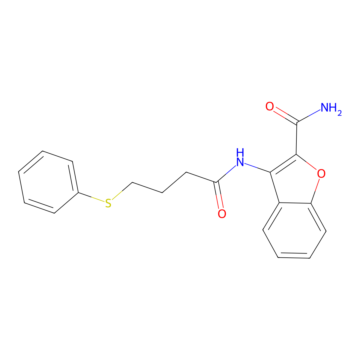 3-(4-(Phenylthio)butanamido)benzofuran-2-carboxamide molecular structure, CAS 851607-00-6