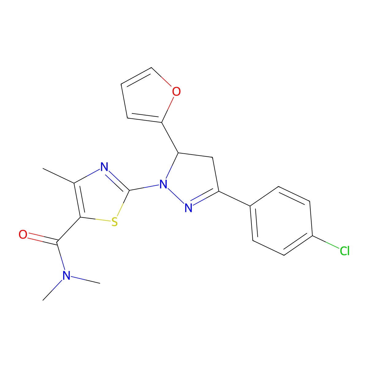2-[3-(4-chlorophenyl)-5-(furan-2-yl)-4,5-dihydro-1H-pyrazol-1-yl]-N,N,4-trimethyl-1,3-thiazole-5-carboxamide molecular structure, CAS 851623-77-3