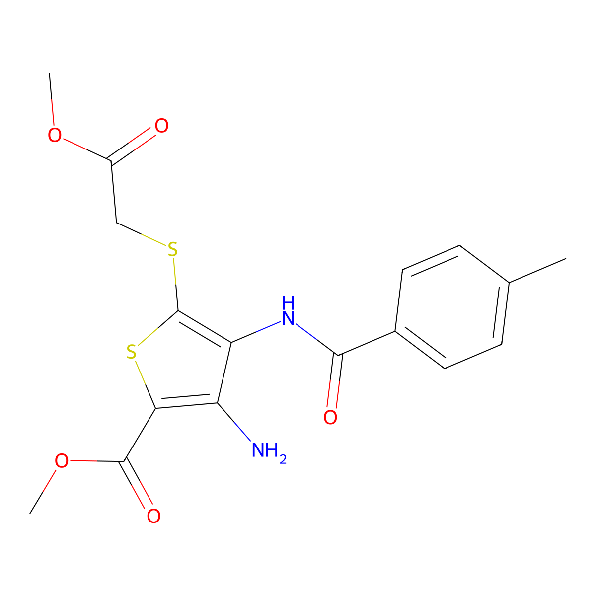 Methyl 3-amino-5-[(2-methoxy-2-oxoethyl)sulfanyl]-4-(4-methylbenzamido)thiophene-2-carboxylate molecular structure, CAS 851626-96-5
