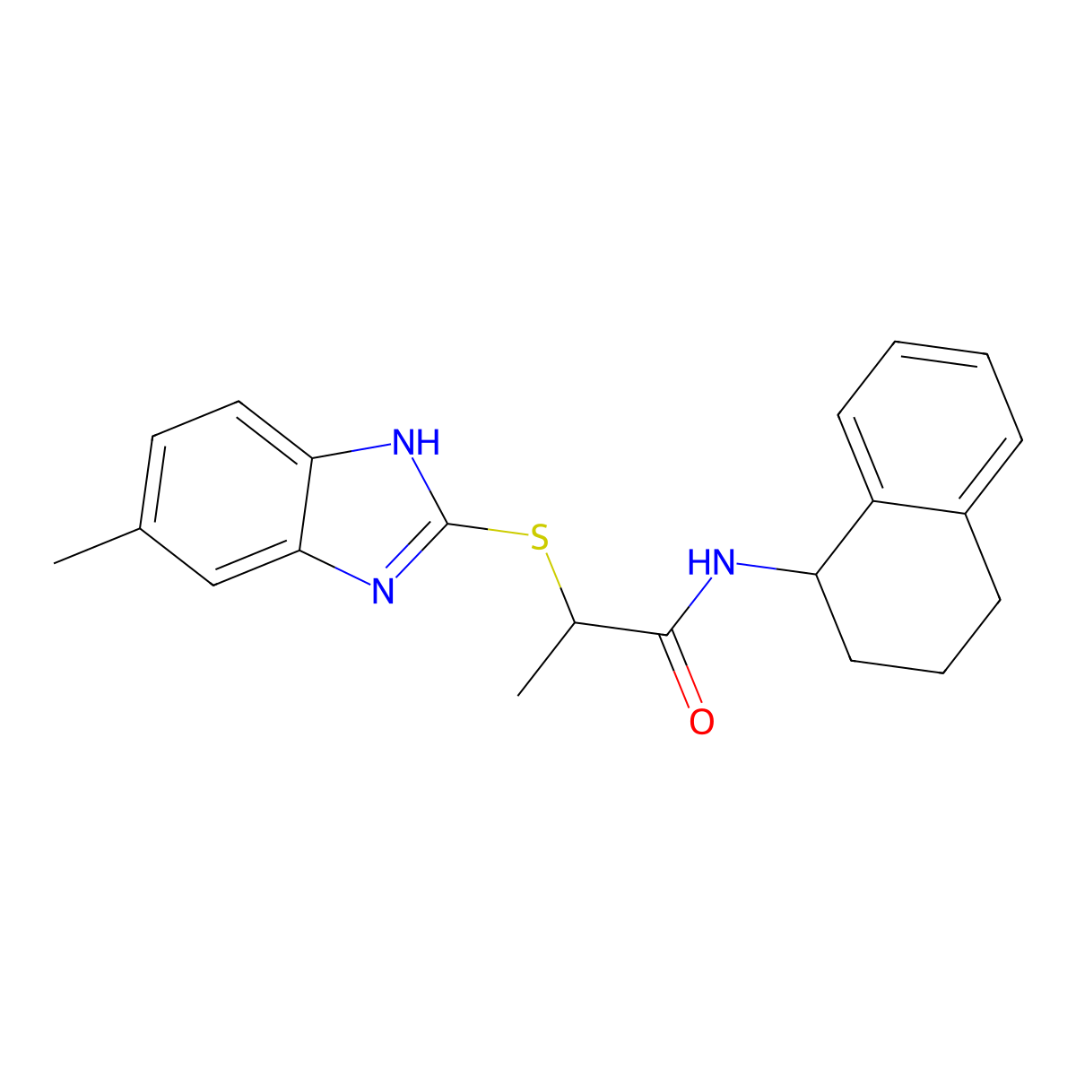 2-((5-Methyl-1H-benzo[d]imidazol-2-yl)thio)-N-(1,2,3,4-tetrahydronaphthalen-1-yl)propanamide molecular structure, CAS 851687-22-4