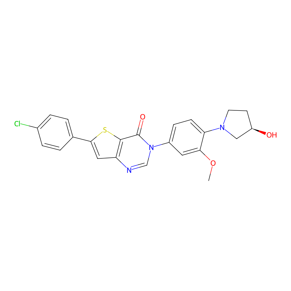(R)-6-(4-Chlorophenyl)-3-(4-(3-hydroxypyrrolidin-1-yl)-3-methoxyphenyl)thieno(3,2-d)pyrimidin-4(3H)-one molecular structure, CAS 851690-21-6