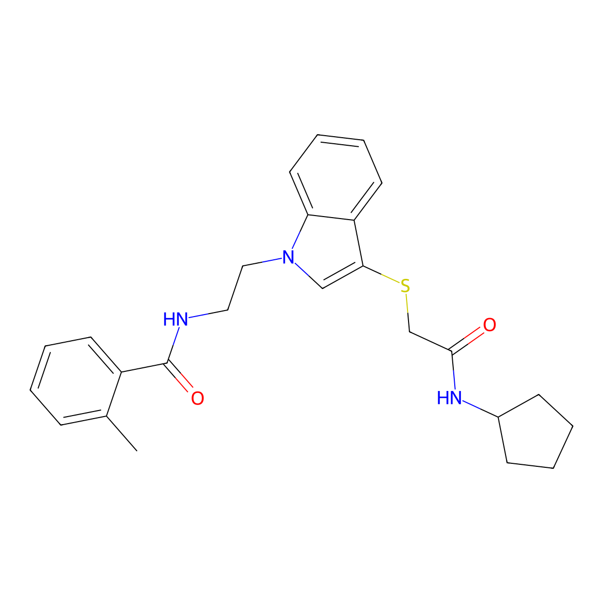 N-(2-(3-((2-(cyclopentylamino)-2-oxoethyl)thio)-1H-indol-1-yl)ethyl)-2-methylbenzamide molecular structure, CAS 851714-38-0