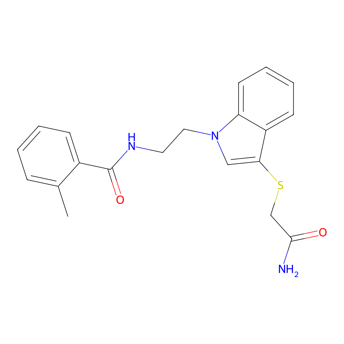 N-[2-[3-(2-amino-2-oxoethyl)sulfanylindol-1-yl]ethyl]-2-methylbenzamide molecular structure, CAS 851714-39-1