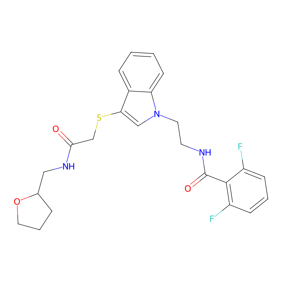 2,6-difluoro-N-[2-[3-[2-oxo-2-(oxolan-2-ylmethylamino)ethyl]sulfanylindol-1-yl]ethyl]benzamide molecular structure, CAS 851714-42-6