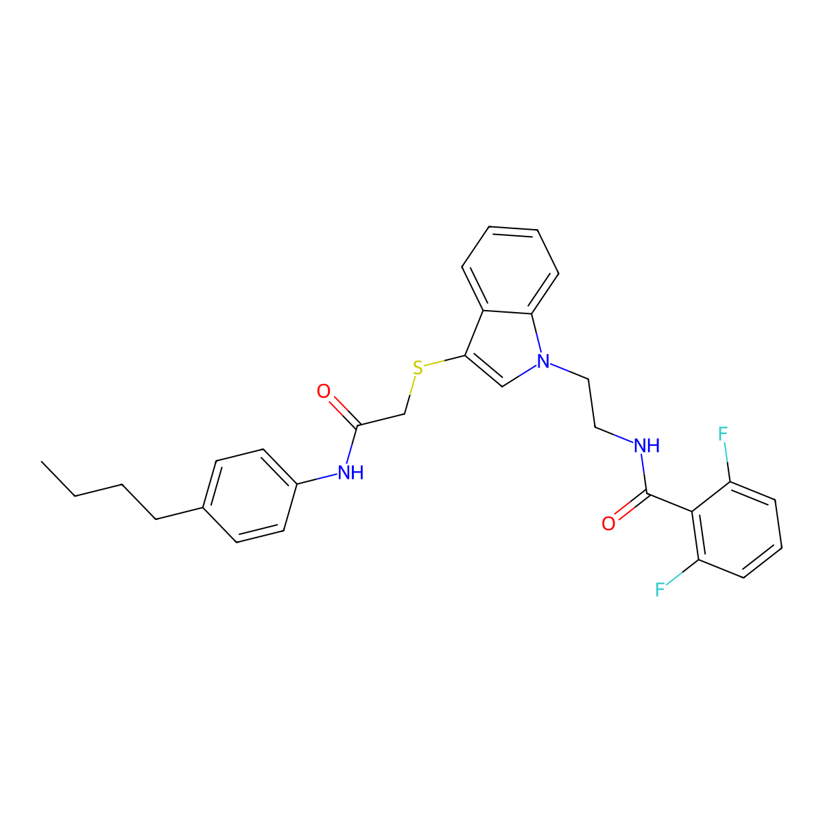 N-[2-[3-[2-(4-butylanilino)-2-oxoethyl]sulfanylindol-1-yl]ethyl]-2,6-difluorobenzamide molecular structure, CAS 851714-44-8