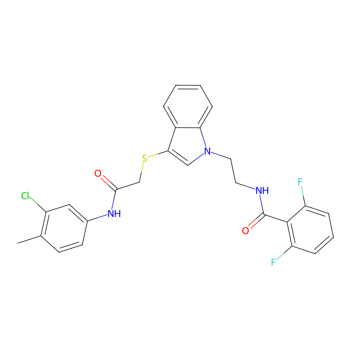 N-[2-[3-[2-(3-chloro-4-methylanilino)-2-oxoethyl]sulfanylindol-1-yl]ethyl]-2,6-difluorobenzamide molecular structure, CAS 851714-52-8