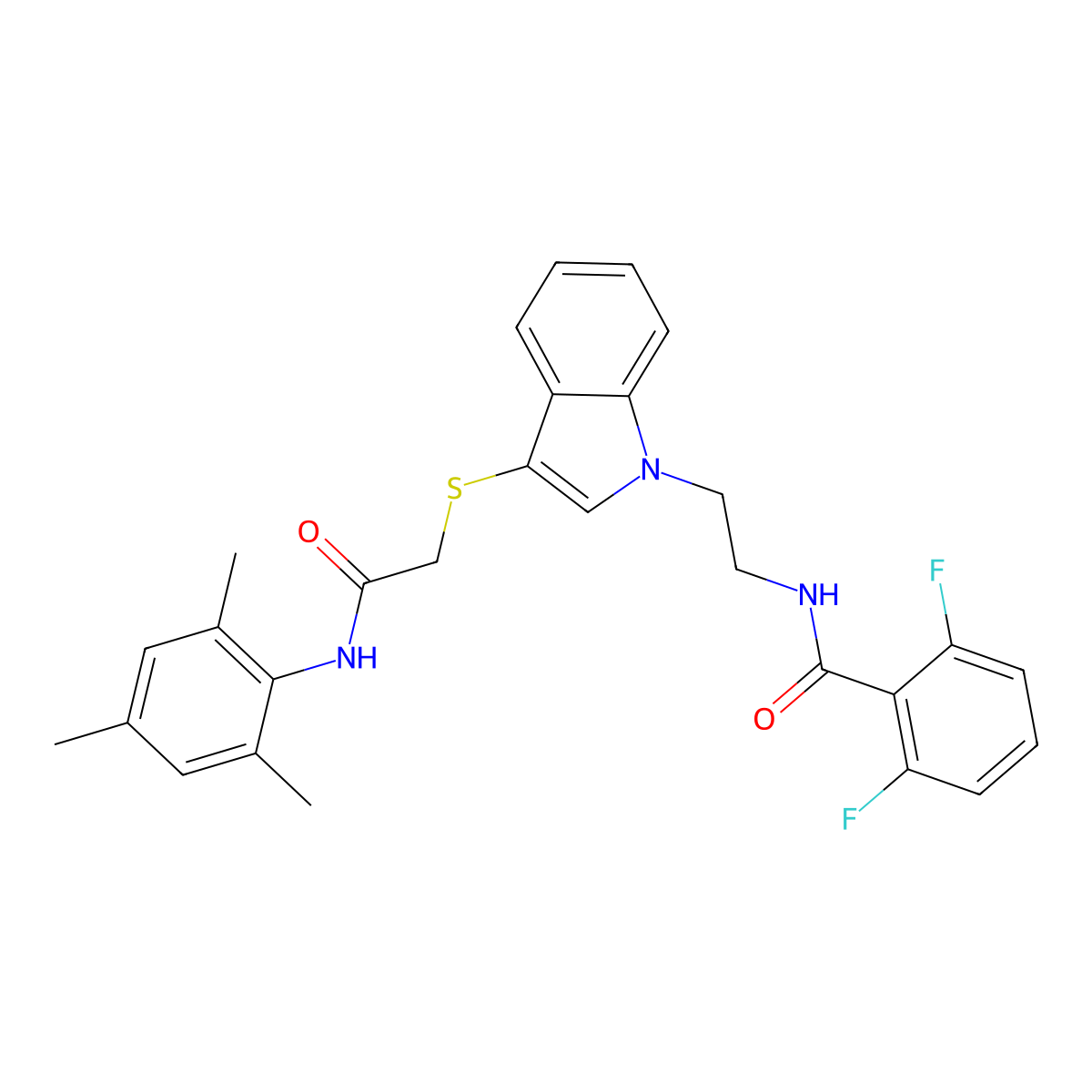 2,6-difluoro-N-(2-(3-((2-(mesitylamino)-2-oxoethyl)thio)-1H-indol-1-yl)ethyl)benzamide molecular structure, CAS 851714-60-8