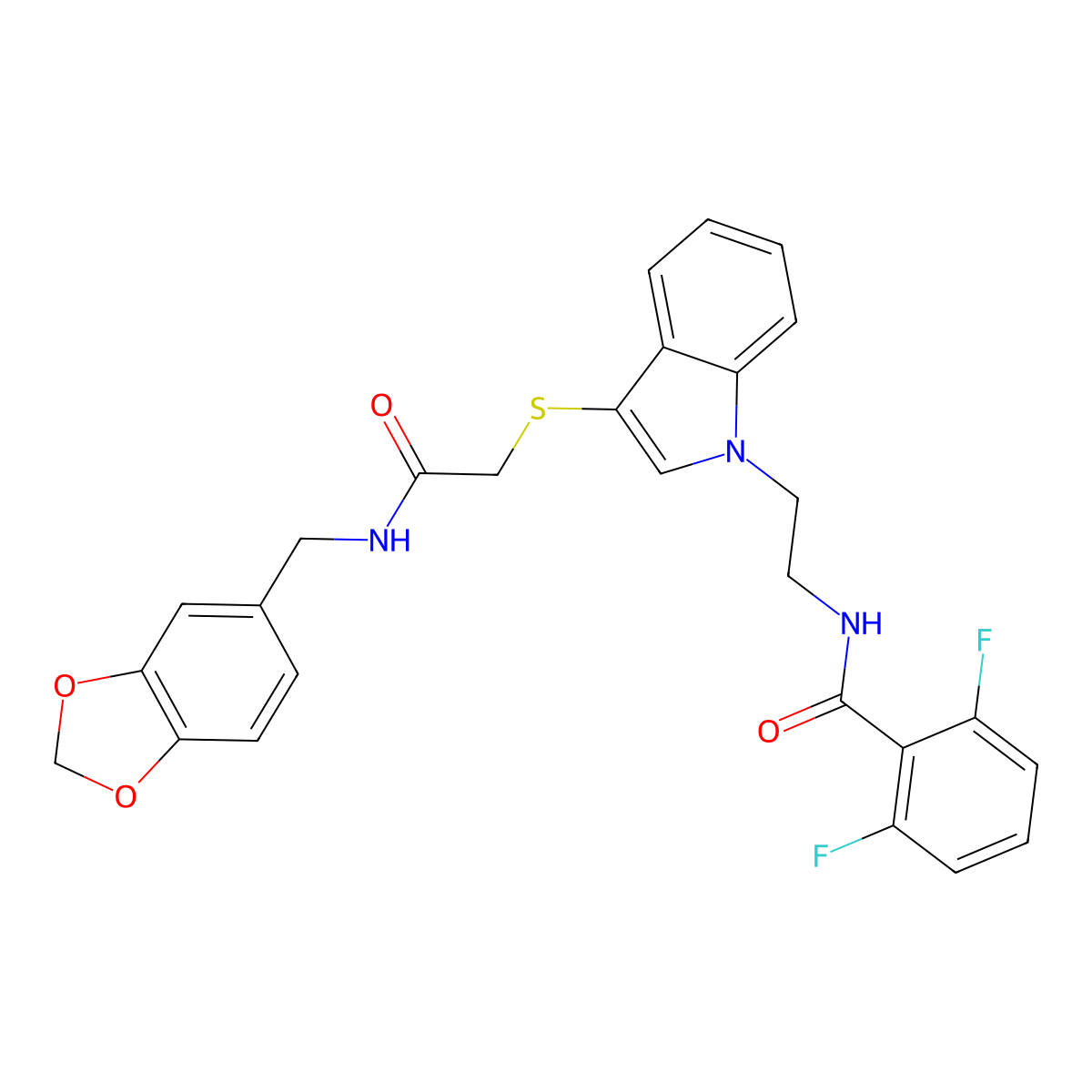 N-[2-[3-[2-(1,3-benzodioxol-5-ylmethylamino)-2-oxoethyl]sulfanylindol-1-yl]ethyl]-2,6-difluorobenzamide molecular structure, CAS 851714-62-0