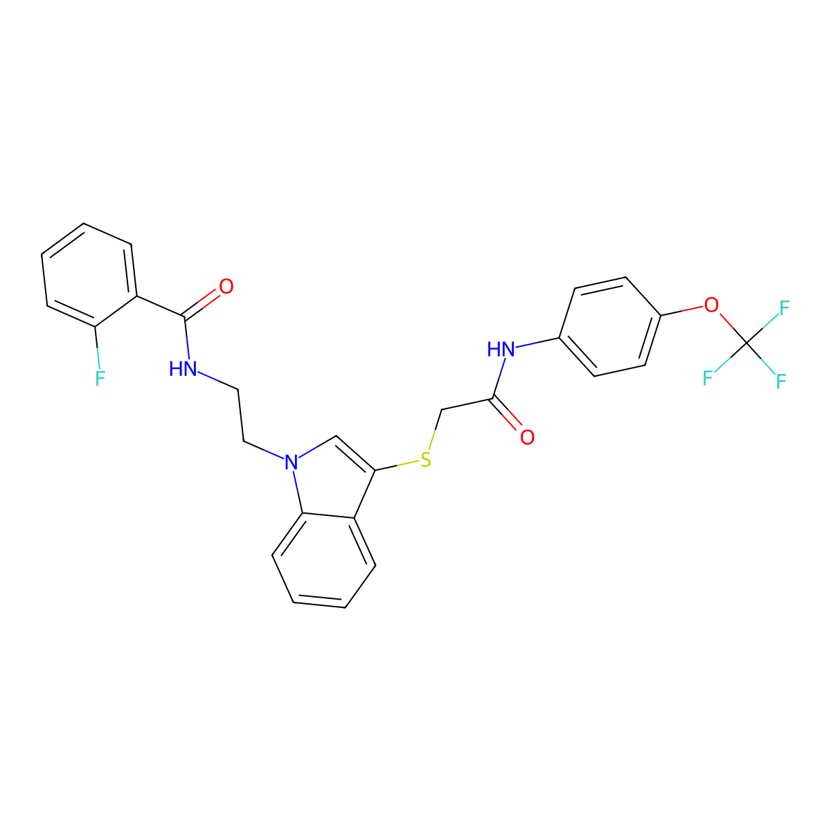 2-fluoro-N-(2-(3-((2-oxo-2-((4-(trifluoromethoxy)phenyl)amino)ethyl)thio)-1H-indol-1-yl)ethyl)benzamide molecular structure, CAS 851714-68-6