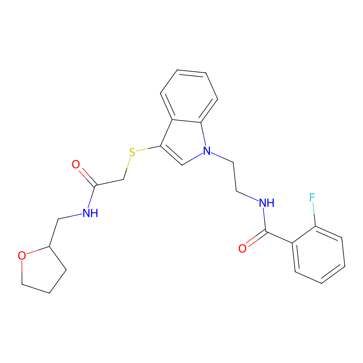 2-fluoro-N-(2-(3-((2-oxo-2-(((tetrahydrofuran-2-yl)methyl)amino)ethyl)thio)-1H-indol-1-yl)ethyl)benzamide molecular structure, CAS 851714-70-0