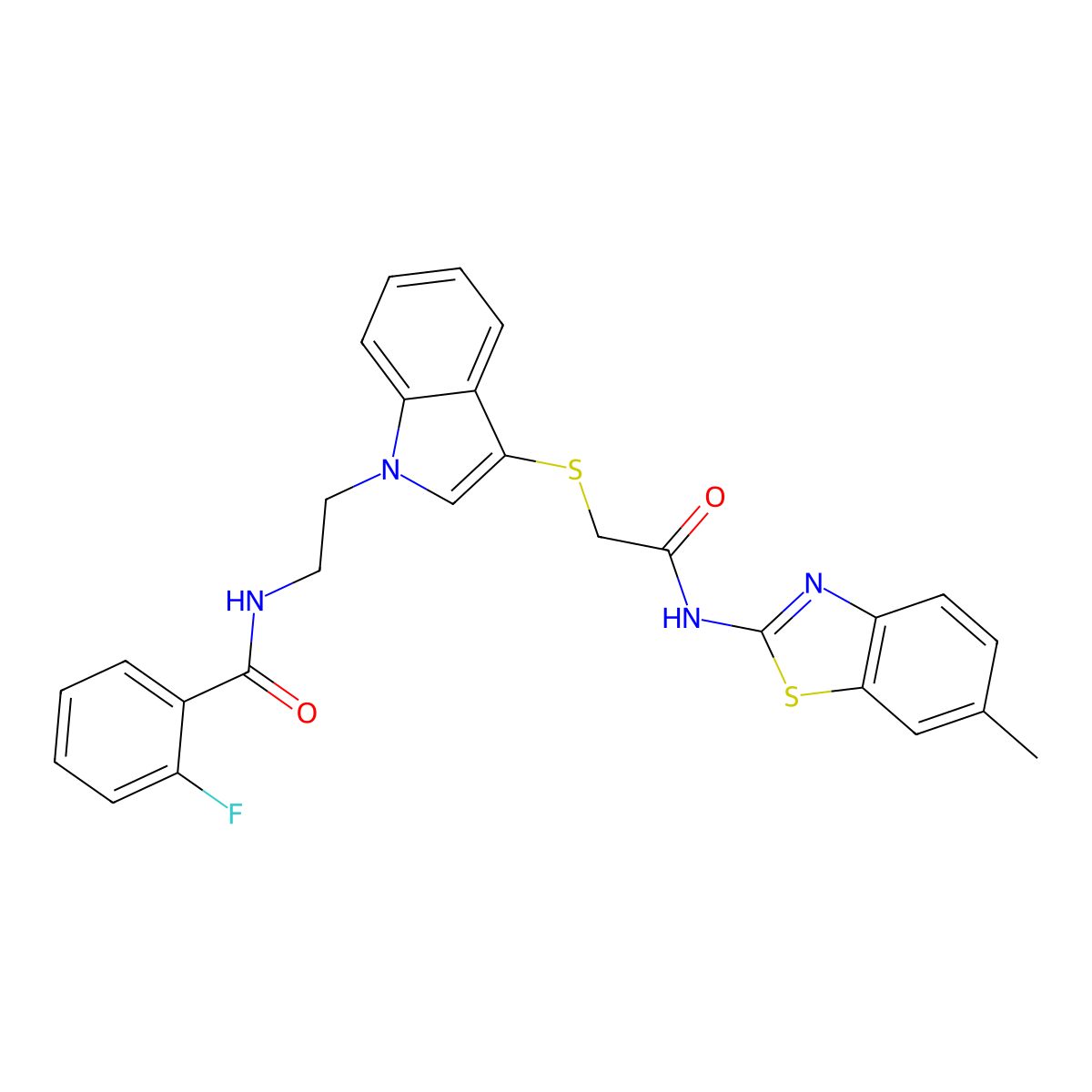 2-fluoro-N-(2-(3-((2-((6-methylbenzo[d]thiazol-2-yl)amino)-2-oxoethyl)thio)-1H-indol-1-yl)ethyl)benzamide molecular structure, CAS 851714-72-2