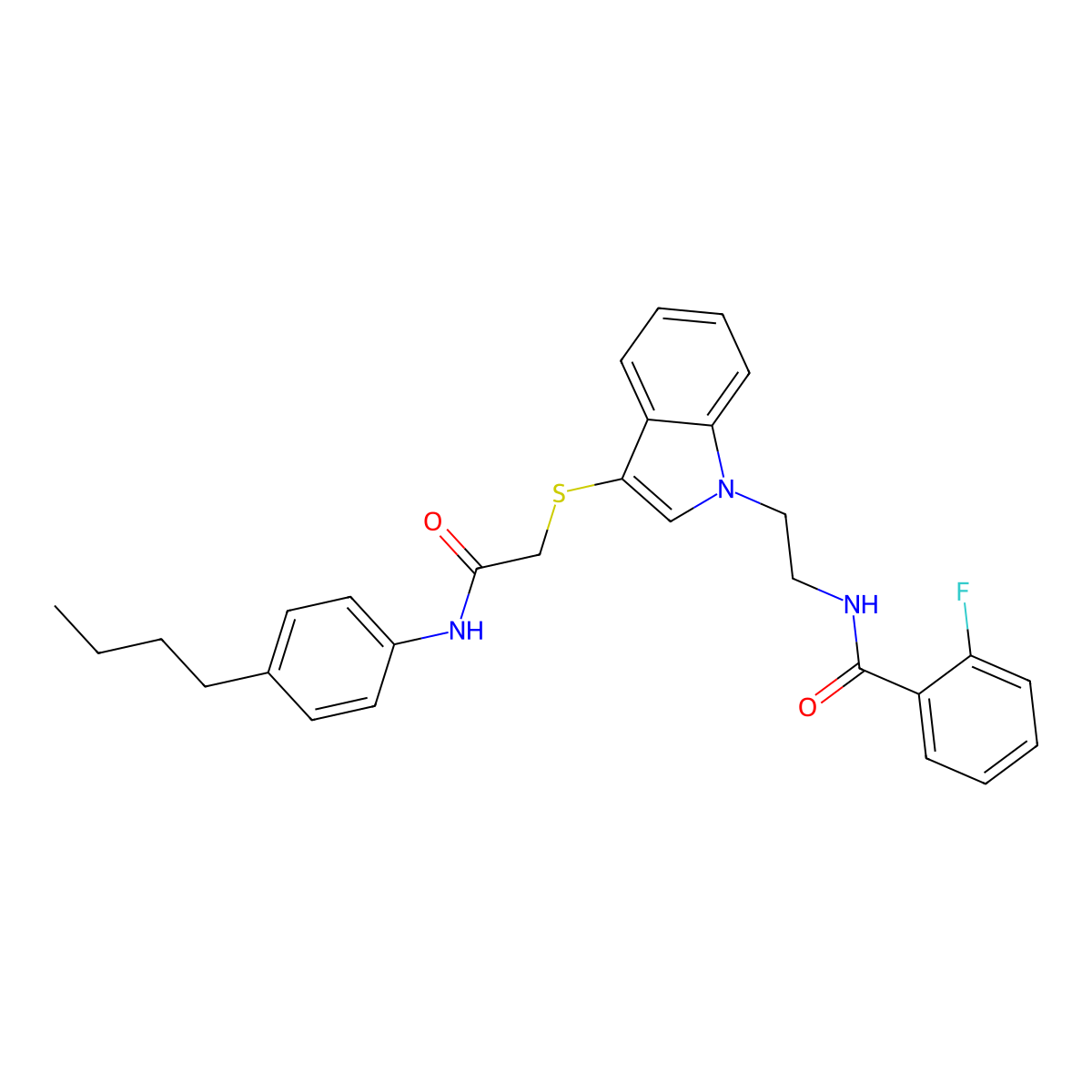 N-[2-[3-[2-(4-butylanilino)-2-oxoethyl]sulfanylindol-1-yl]ethyl]-2-fluorobenzamide molecular structure, CAS 851714-73-3