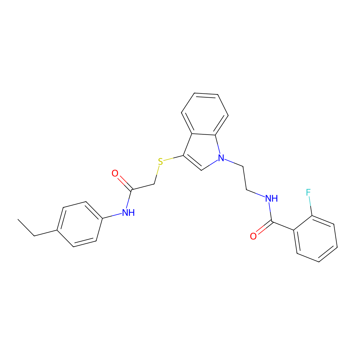 N-(2-(3-((2-((4-ethylphenyl)amino)-2-oxoethyl)thio)-1H-indol-1-yl)ethyl)-2-fluorobenzamide molecular structure, CAS 851714-74-4