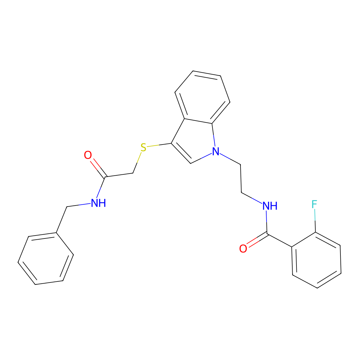 N-(2-(3-((2-(benzylamino)-2-oxoethyl)thio)-1H-indol-1-yl)ethyl)-2-fluorobenzamide molecular structure, CAS 851714-75-5
