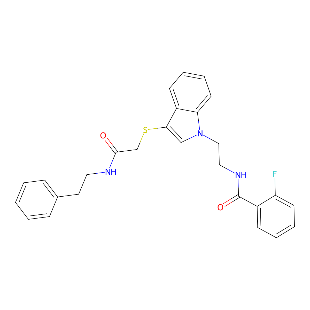 2-fluoro-N-(2-(3-((2-oxo-2-(phenethylamino)ethyl)thio)-1H-indol-1-yl)ethyl)benzamide molecular structure, CAS 851714-76-6