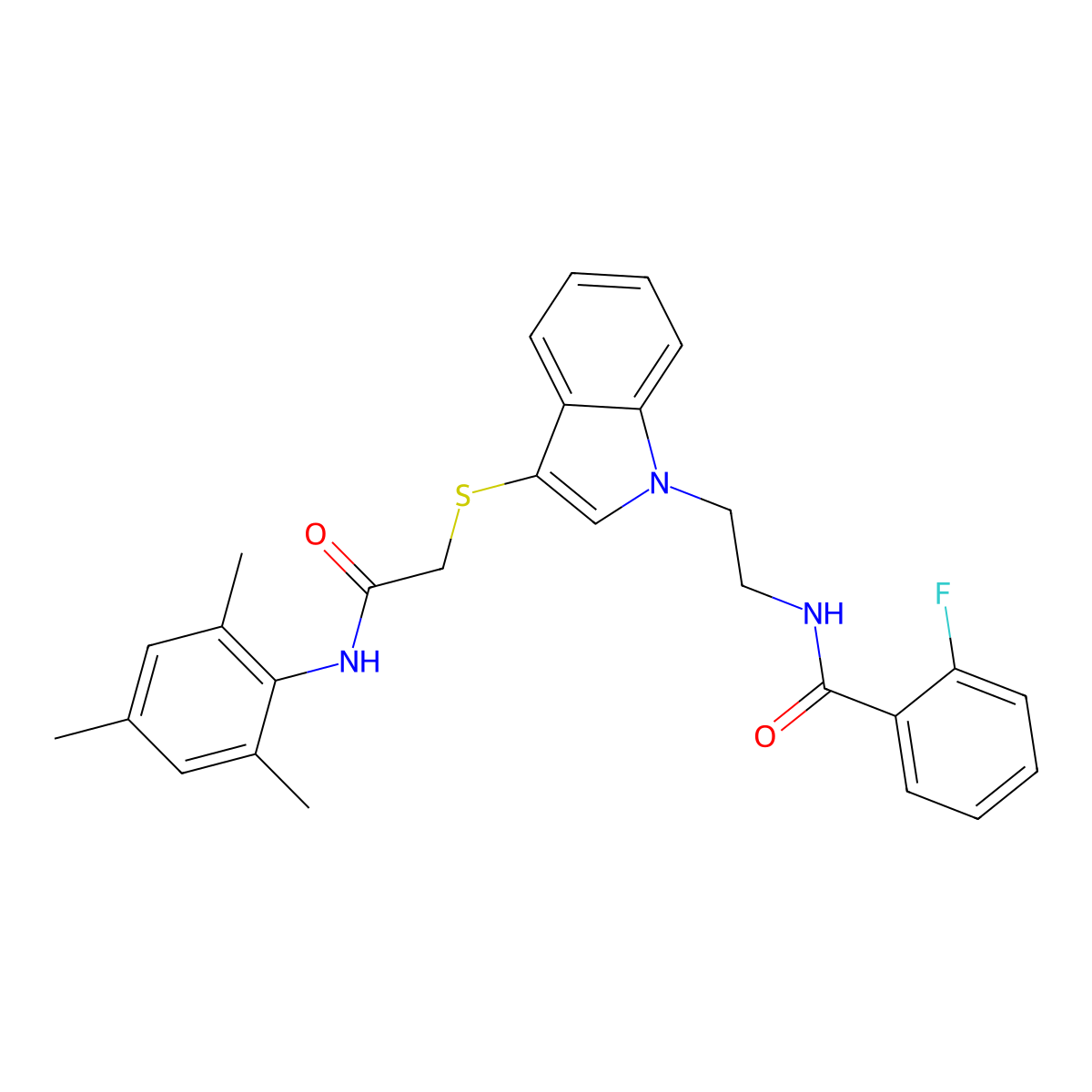 2-fluoro-N-(2-(3-((2-(mesitylamino)-2-oxoethyl)thio)-1H-indol-1-yl)ethyl)benzamide molecular structure, CAS 851714-77-7
