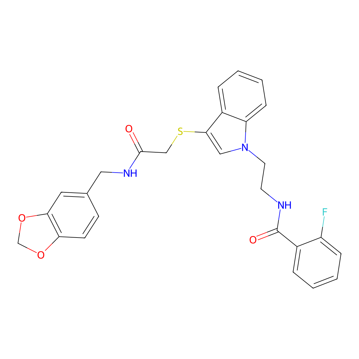 N-(2-(3-((2-((benzo[d][1,3]dioxol-5-ylmethyl)amino)-2-oxoethyl)thio)-1H-indol-1-yl)ethyl)-2-fluorobenzamide molecular structure, CAS 851714-78-8