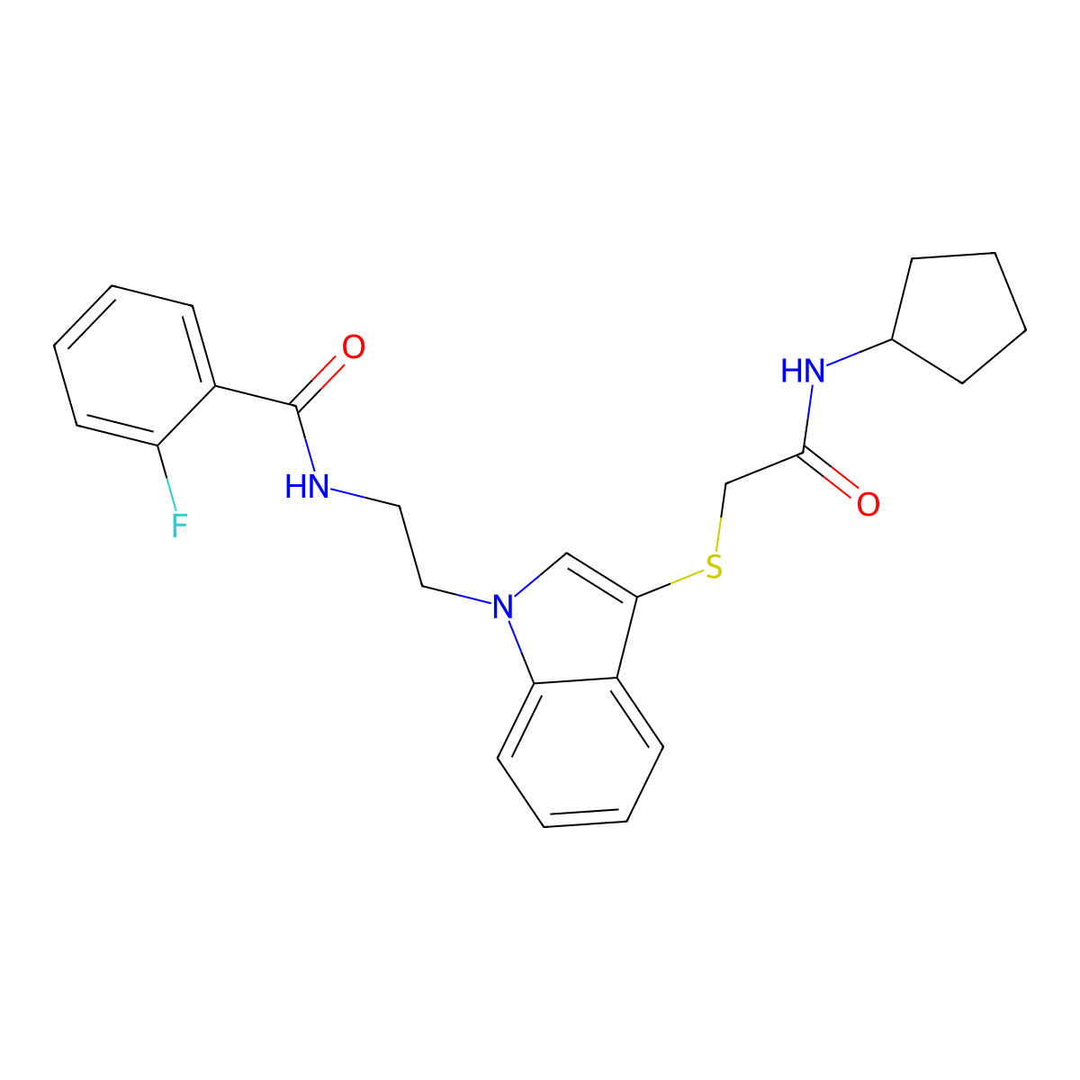 N-[2-[3-[2-(cyclopentylamino)-2-oxoethyl]sulfanylindol-1-yl]ethyl]-2-fluorobenzamide molecular structure, CAS 851714-79-9