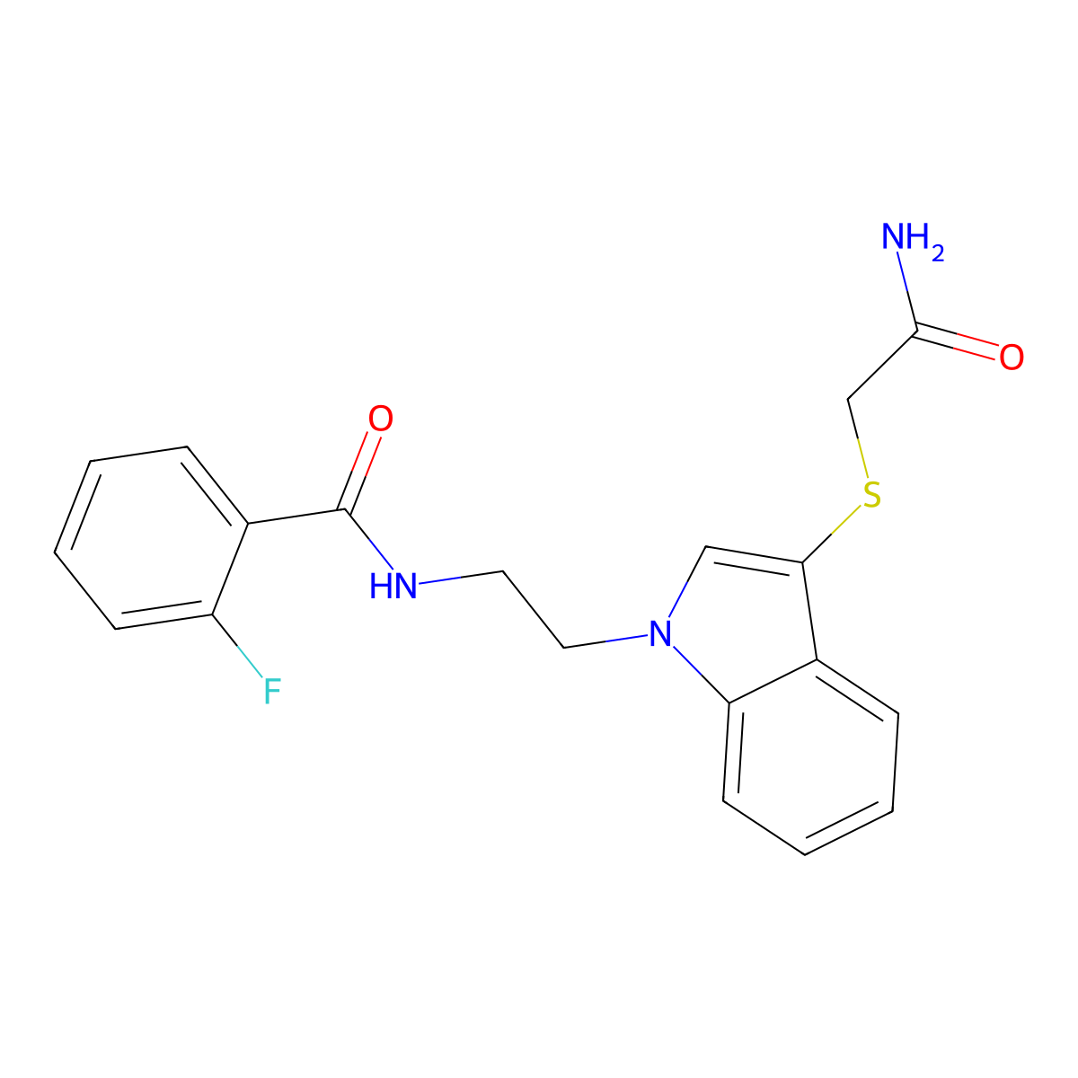 N-[2-[3-(2-amino-2-oxoethyl)sulfanylindol-1-yl]ethyl]-2-fluorobenzamide molecular structure, CAS 851714-80-2