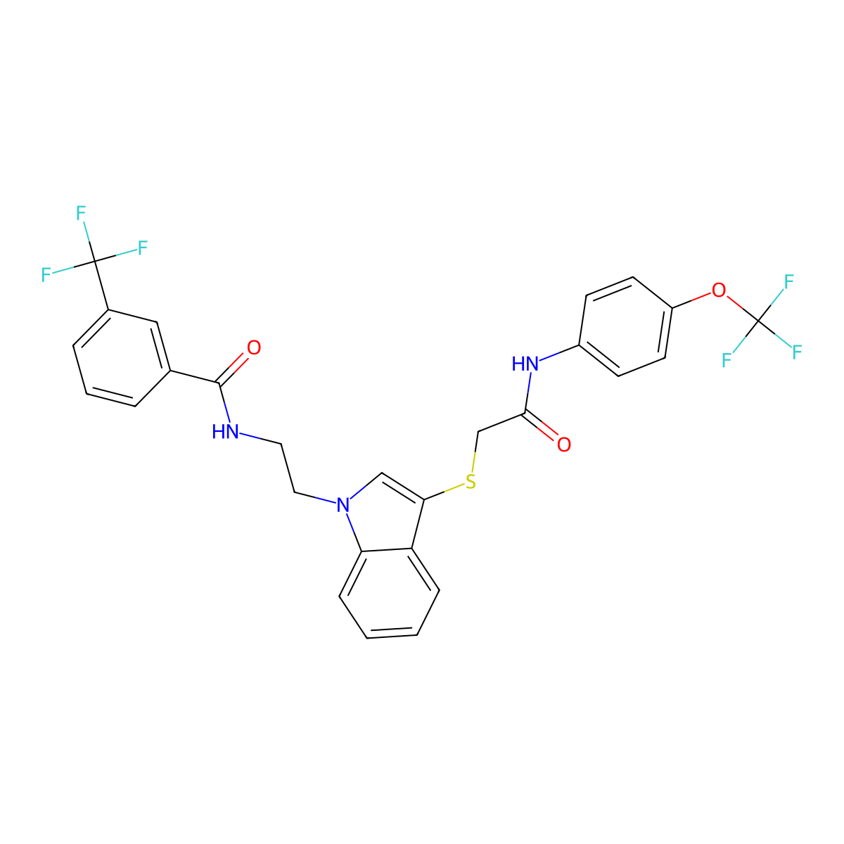 N-[2-[3-[2-oxo-2-[4-(trifluoromethoxy)anilino]ethyl]sulfanylindol-1-yl]ethyl]-3-(trifluoromethyl)benzamide molecular structure, CAS 851714-81-3