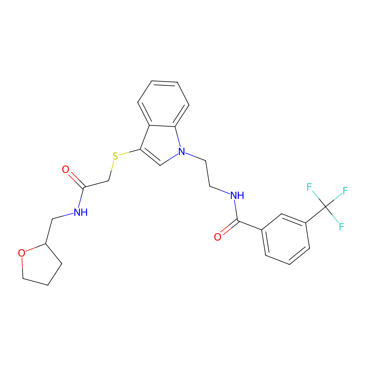 N-[2-[3-[2-oxo-2-(oxolan-2-ylmethylamino)ethyl]sulfanylindol-1-yl]ethyl]-3-(trifluoromethyl)benzamide molecular structure, CAS 851714-82-4