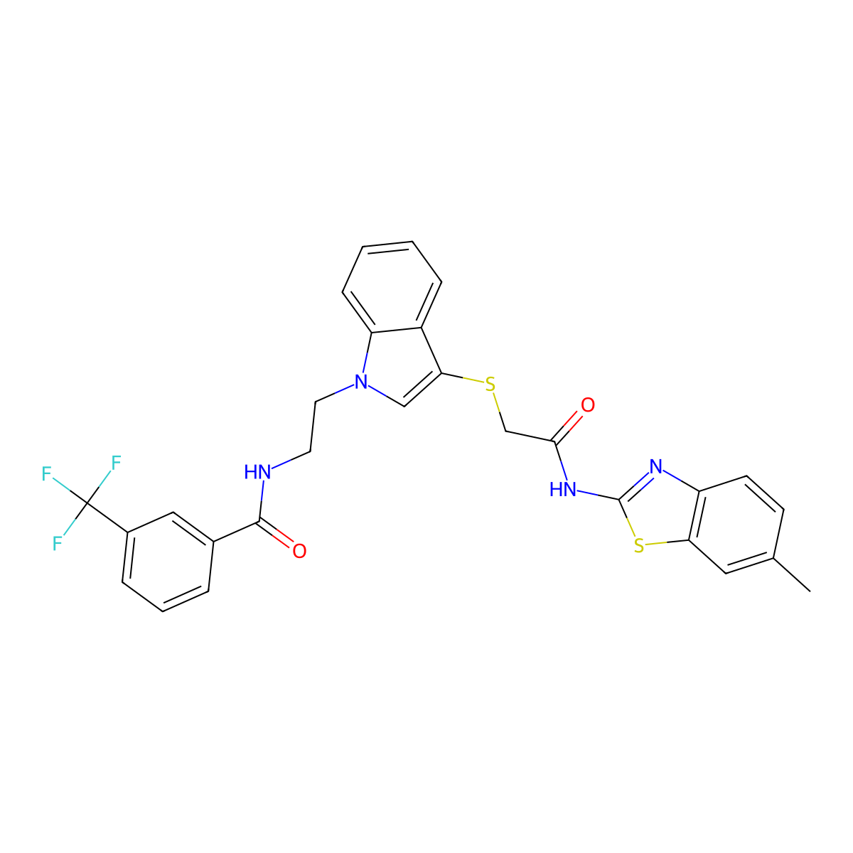 N-(2-(3-((2-((6-methylbenzo[d]thiazol-2-yl)amino)-2-oxoethyl)thio)-1H-indol-1-yl)ethyl)-3-(trifluoromethyl)benzamide molecular structure, CAS 851714-83-5
