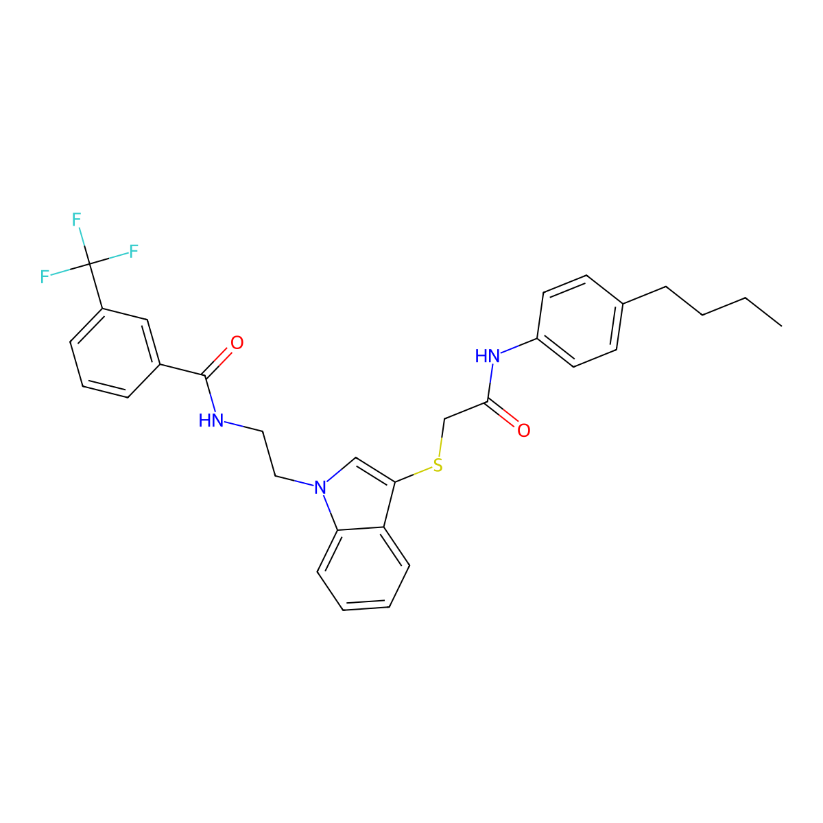 N-[2-[3-[2-(4-butylanilino)-2-oxoethyl]sulfanylindol-1-yl]ethyl]-3-(trifluoromethyl)benzamide molecular structure, CAS 851714-84-6