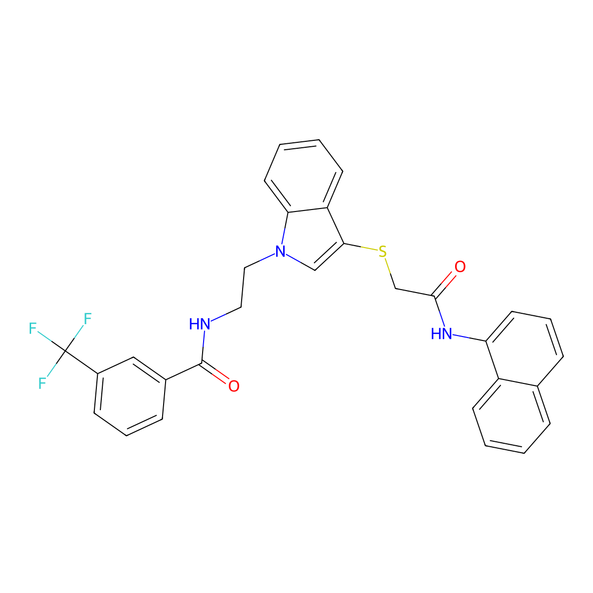 N-[2-[3-[2-(naphthalen-1-ylamino)-2-oxoethyl]sulfanylindol-1-yl]ethyl]-3-(trifluoromethyl)benzamide molecular structure, CAS 851714-86-8